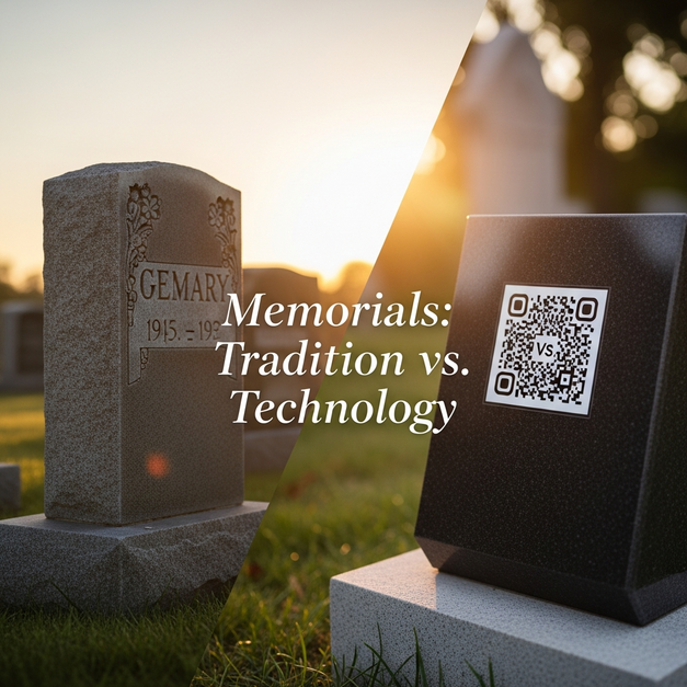 A split image comparing a traditional headstone with a modern QR code memorial at a serene sunrise.