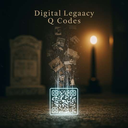 Glowing QR code streams into sepia memories, a gravestone behind. Text 'Digital Legacy QR Codes' visible, illustrating memory preservation.