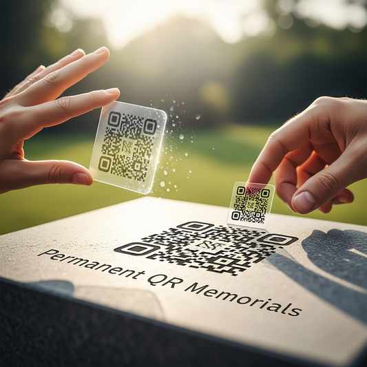 A hand chooses a permanent QR memorial etched in stone over a fading one, symbolizing a better MyQRlegacy alternative.