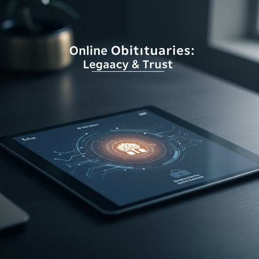 Digital screen showing an online obituary platform with 'Online Obituaries: Legacy & Trust' text, featuring security and legacy icons.