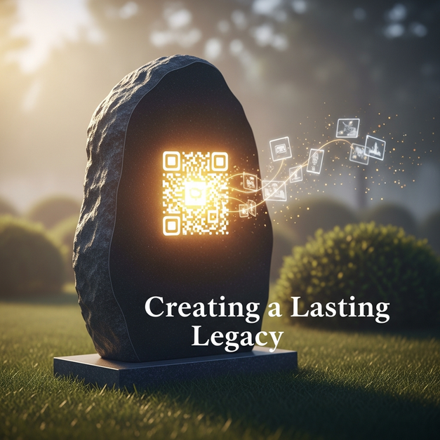 A QR code memorial on a granite stone absorbs digital photos, creating a future-proof and lasting legacy.