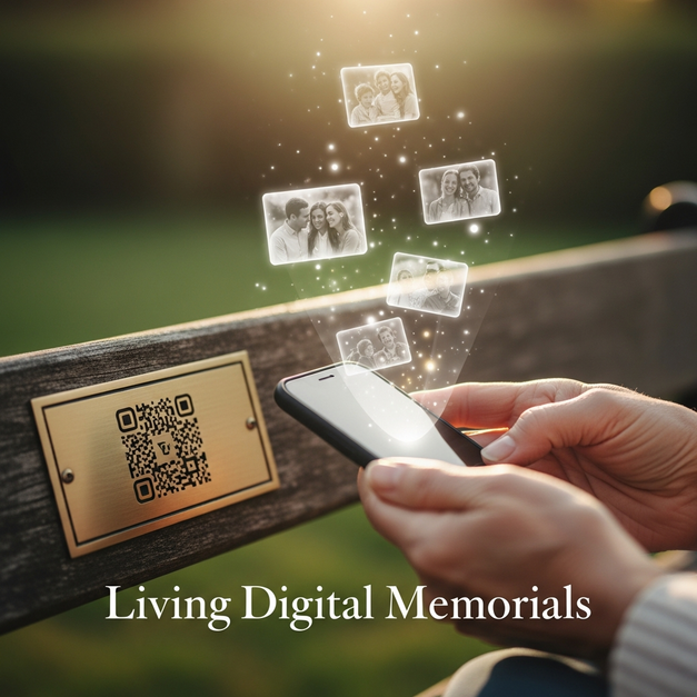 A senior's hands scan a QR code on a plaque, creating a living digital memorial with holographic family photos.