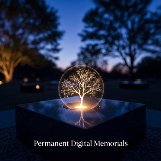 A modern granite headstone in a tranquil garden projects a glowing holographic tree, a serene permanent digital memorial.