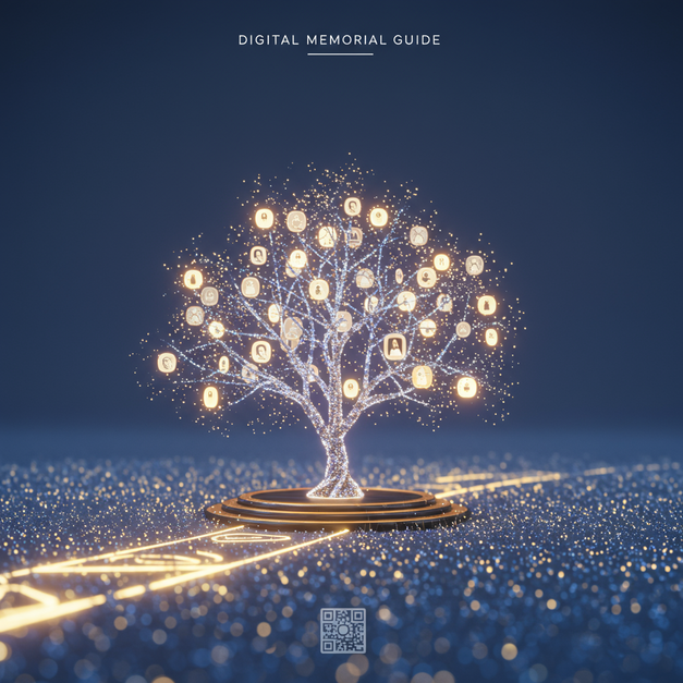 Ethereal digital landscape with a luminous memory tree, glowing orbs, QR code, and 'Digital Memorial Guide' text, representing a digital memorial platform guide.