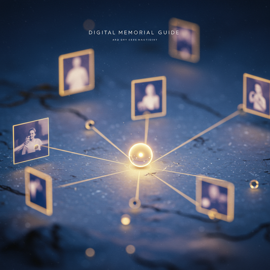 Ethereal digital landscape with glowing memories and 'Digital Memorial Guide' text, for creating a lasting digital memorial page.
