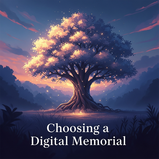A serene, glowing tree at twilight symbolizing a permanent digital memorial, a guide to online tributes.