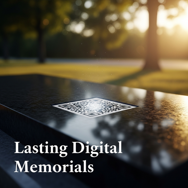 A close-up of an elegant QR code on a grave marker, glowing softly to represent a lasting digital memorial.