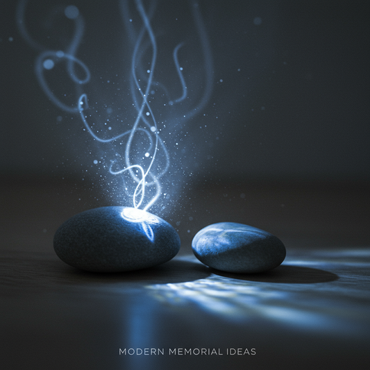 A physical keepsake glowing with digital memory trails, blending tangible and intangible, with 'Modern Memorial Ideas' text.
