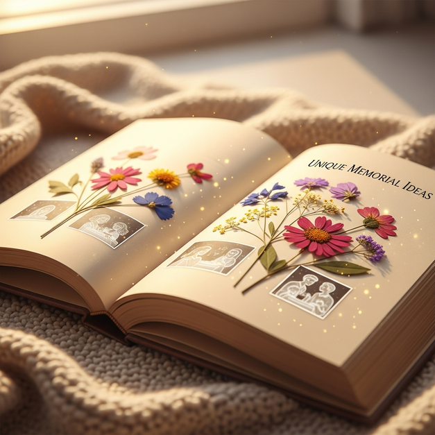 A storybook titled 'Unique Memorial Ideas' with pages of pressed flowers and illustrations honoring a loved one.