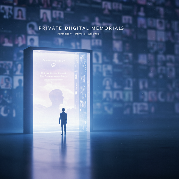 Silhouetted figure at a glowing portal for private digital memorials, contrasting a social media wall. Text: Permanent. Private. Ad-Free.