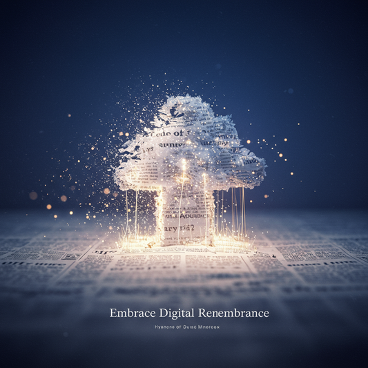 Digital memorial emerging from a dissolving obituary, illustrating the future of remembrance. 'Embrace Digital Remembrance'.