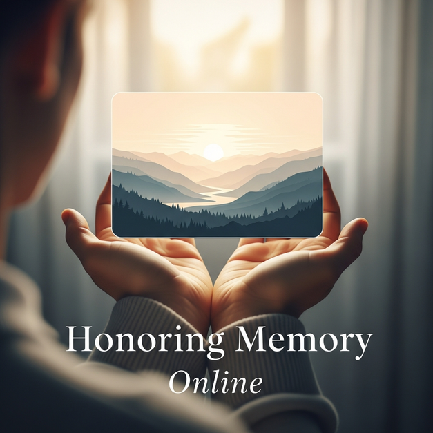 Caring hands hold a glowing screen with a serene landscape, representing a compassionate guide to online memorials.