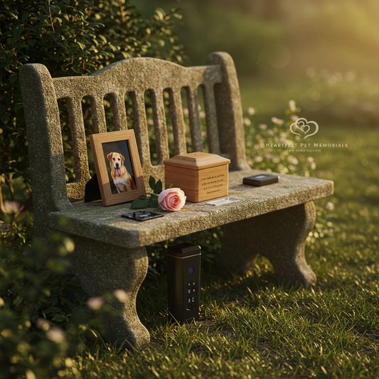 Serene garden pet memorial with an urn, rose, and 'Heartfelt Pet Memorials' on a stone bench, honoring a beloved companion.