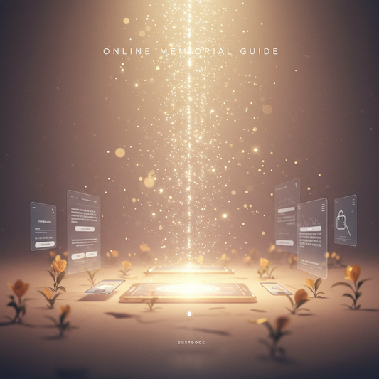 Digital landscape with glowing streams, an online guestbook, and 'Online Memorial Guide' text for online memorial sites.