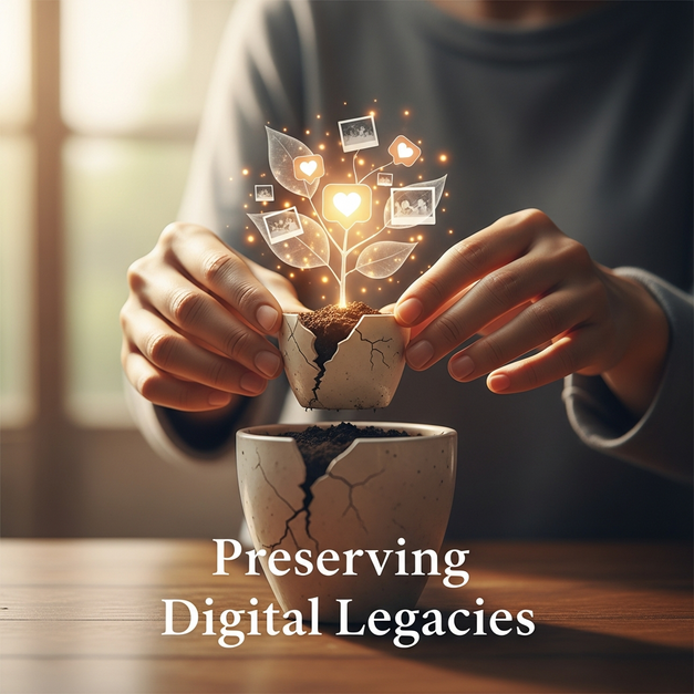 Hands carefully transplanting a glowing sapling, symbolizing the process of memorial content migration.
