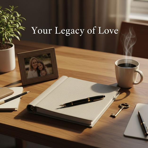 An 'in case of death' binder checklist, presented as a legacy of love on a peaceful desk with a family photo.
