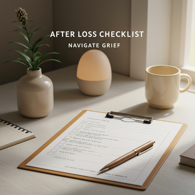 A serene desk showing an 'After-Loss Checklist' with 'Navigate Grief' text, pen, and plant, for practical tasks and emotional support.