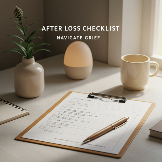 A serene desk showing an 'After-Loss Checklist' with 'Navigate Grief' text, pen, and plant, for practical tasks and emotional support.