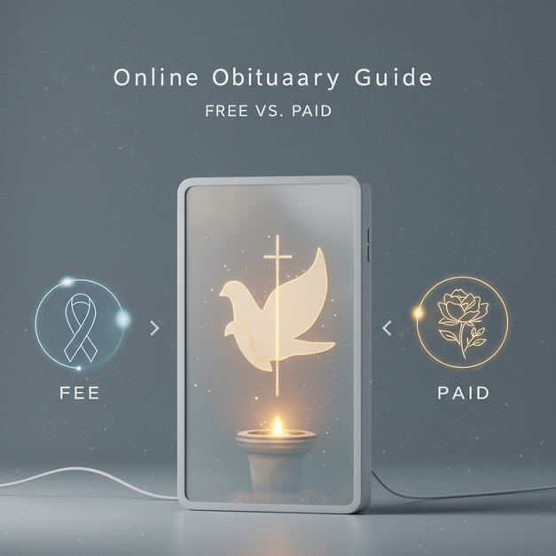 A serene digital display for online obituary services, showing 'Free' and 'Paid' options for a dignified tribute.