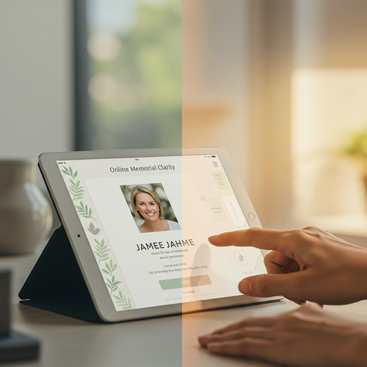 Tablet with 'Online Memorial Clarity' page, background shifts from chaos to clarity, simplifying funeral details.