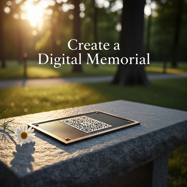 A bronze plaque with a QR code for a digital memorial, resting on a park bench next to a white daisy.