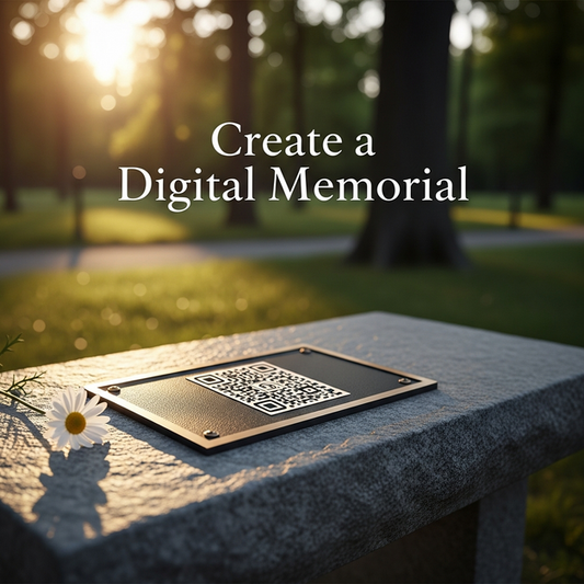 A bronze plaque with a QR code for a digital memorial, resting on a park bench next to a white daisy.
