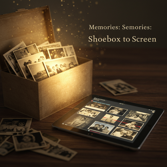 Vintage shoebox of old photos next to a tablet with digital images and video, for adding memories to an online obituary.