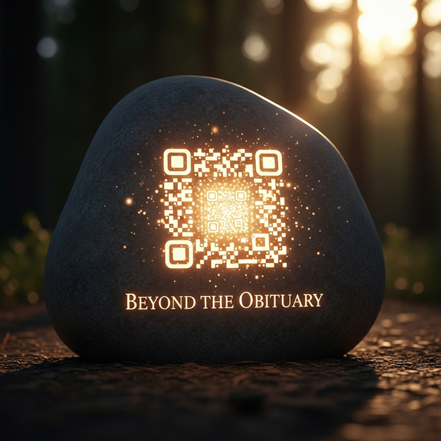 A serene memorial stone in a forest with a glowing QR code, representing the future of digital memorials.