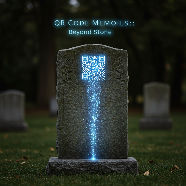 Solemn granite headstone in a cemetery with a glowing QR code, symbolizing digital legacy and QR code memorials.