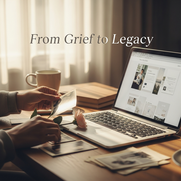 Hands creating a memorial website on a laptop, surrounded by cherished photos and a flower to honor a legacy.