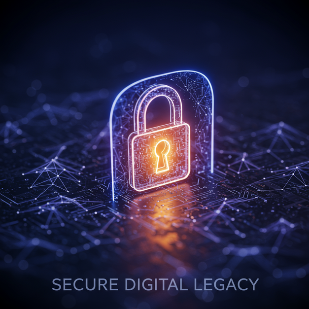 A glowing digital padlock protects a human memory within a network, with "Secure Digital Legacy" text, symbolizing digital memorial security.