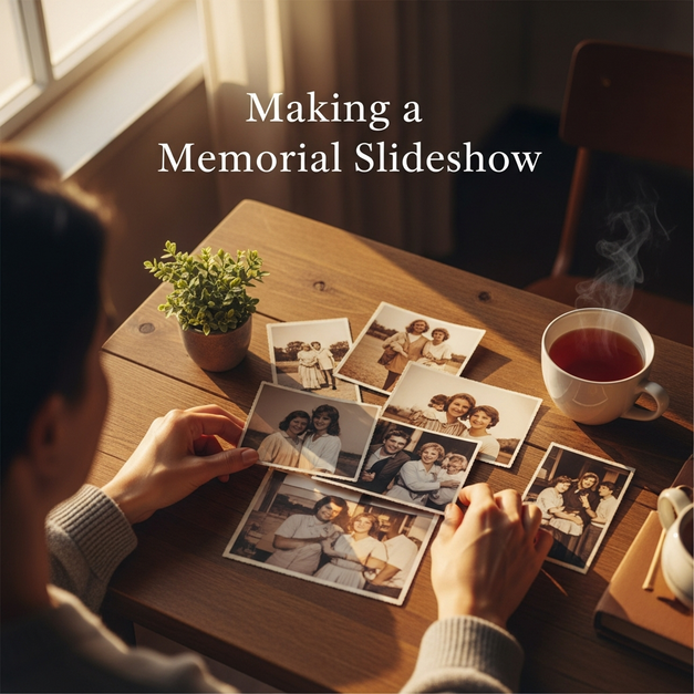 Hands thoughtfully arrange vintage photos on a sunlit table to make a loving memorial slideshow.