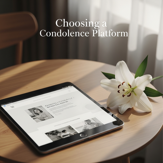 A tablet on a serene wooden table displays a condolence platform, next to a white lily for remembrance.