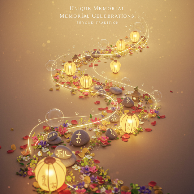 Serene, upward-flowing lanterns, petals, and stones with text "Unique Memorial Celebrations," for memorial service ideas.