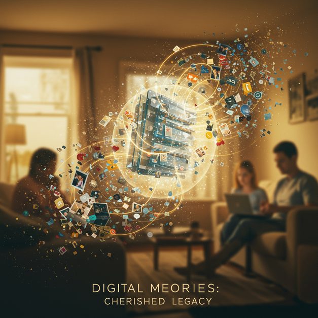 Digital memories flow into a glowing archive, connecting family members sharing and preserving their cherished legacy.