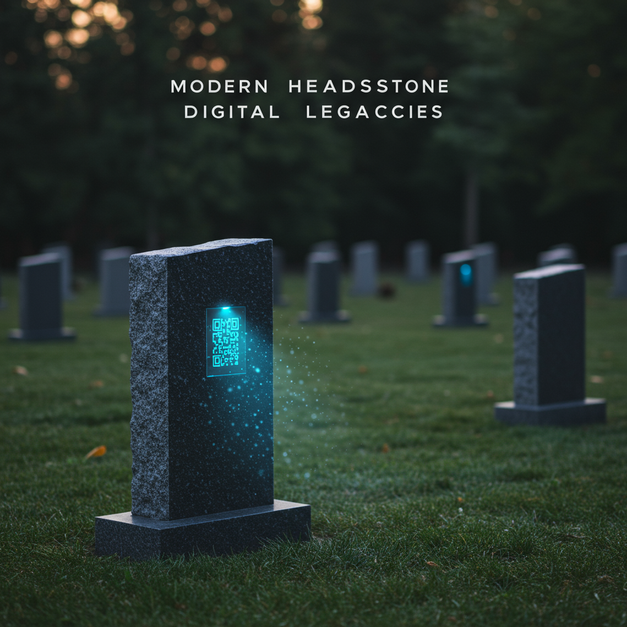 Modern granite headstone with a digital blue glow in a serene cemetery, featuring superimposed text 'Modern Headstone Digital Legacies'.