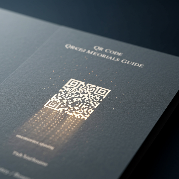 Elegant funeral program with a glowing QR code and "QR Code Memorials Guide" text, symbolizing a digital tribute.