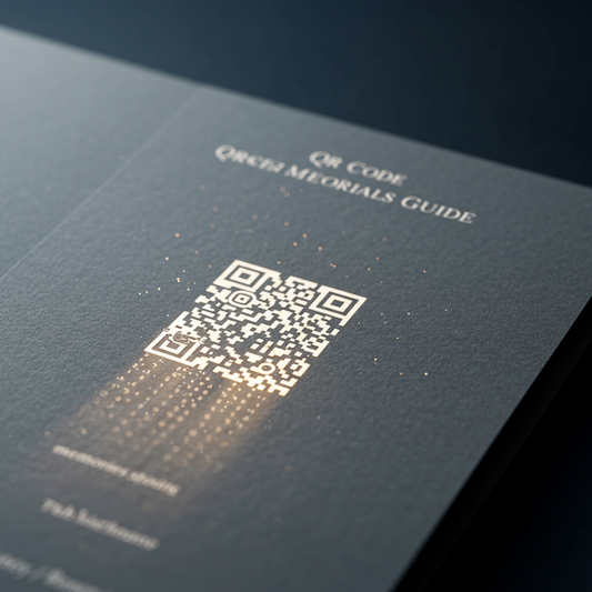 Elegant funeral program with a glowing QR code and "QR Code Memorials Guide" text, symbolizing a digital tribute.