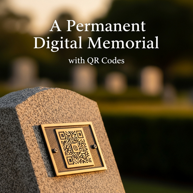 A granite headstone at sunset with a bronze plaque featuring a QR code for a permanent digital memorial.