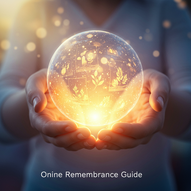 Gentle hands hold a glowing sphere of memories, featuring 'Online Remembrance Guide' text, for creating easy online remembrance.