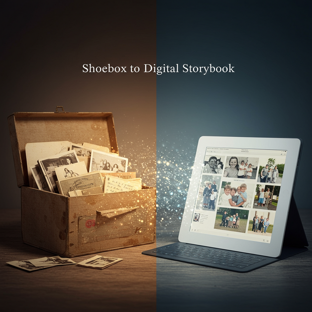 "Shoebox to Digital Storybook" text over old photos transforming into a modern digital memoir platform for family legacy.
