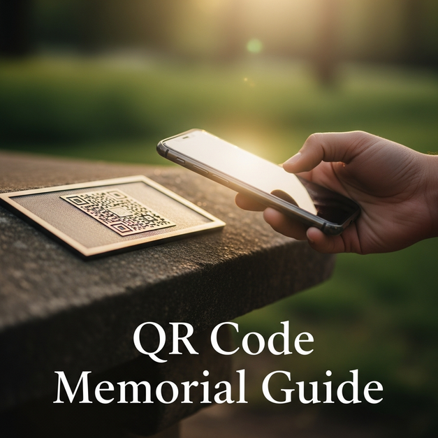 A hand holds a phone scanning a QR code memorial plaque on a bench, for a guide to memorial services.