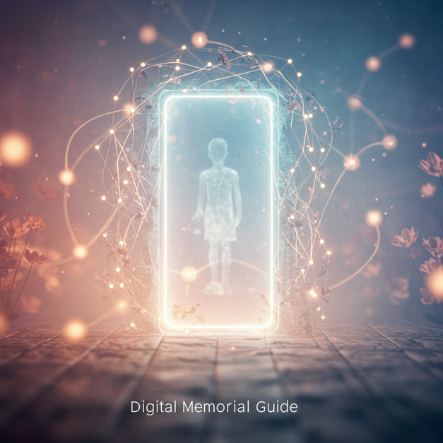 Luminous digital portal with 'Digital Memorial Guide' text, symbolizing online remembrance and honoring loved ones.