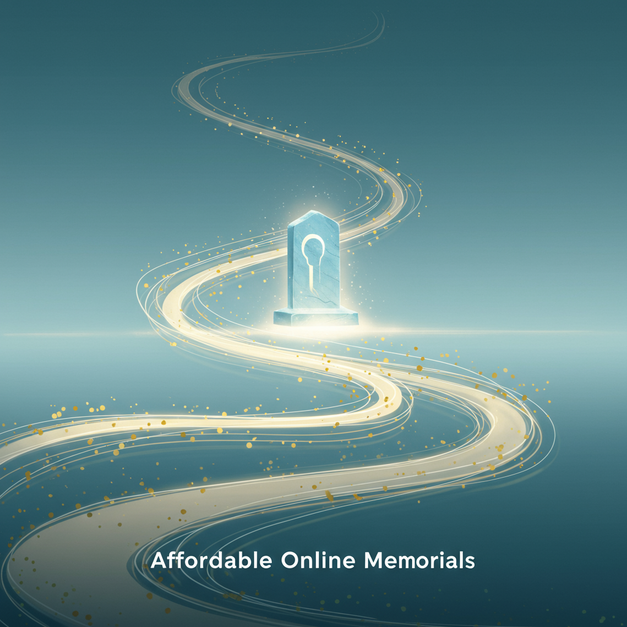 Serene digital landscape with a luminous path leading to an ethereal monument, featuring 'Affordable Online Memorials' text.