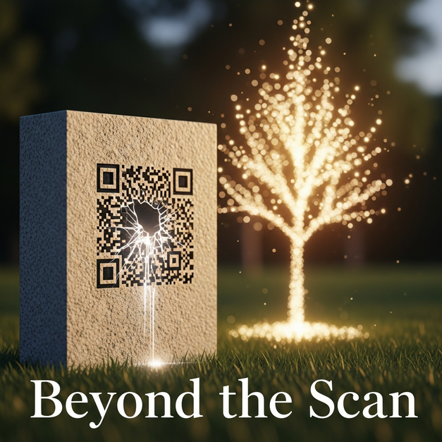 A memorial stone with a cracking QR code and a glowing tree symbolizing the future of modern digital memorials.