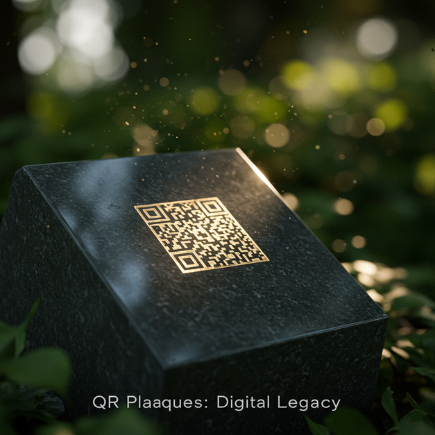 Dark granite QR memorial plaque with glowing QR code in nature, displaying 'QR Plaques: Digital Legacy'.