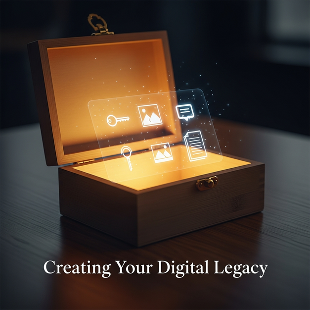 An antique box revealing a glowing digital legacy of icons for passwords, photos, and documents.