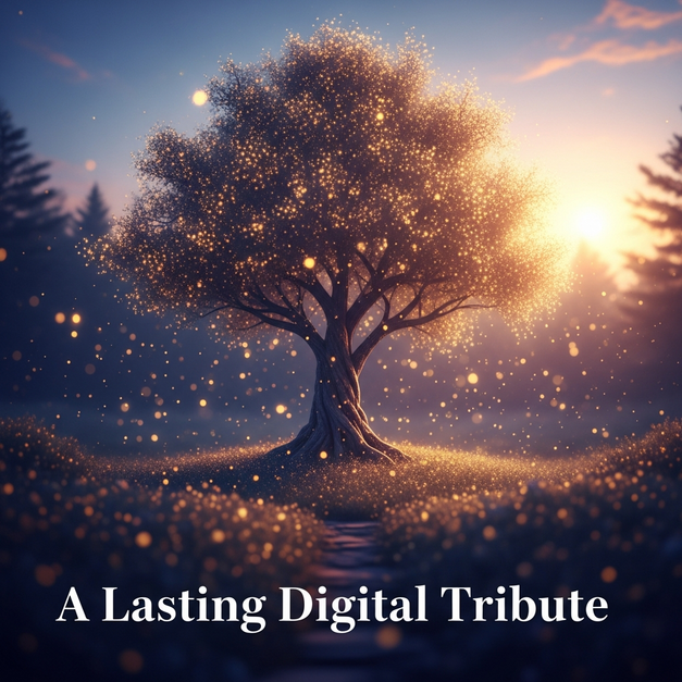 A glowing tree in a serene digital garden, representing a compassionate online memorial and lasting digital tribute.