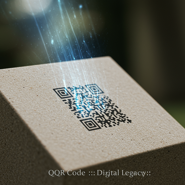 Stone headstone with a glowing QR code and 'QR Code Digital Legacy' text, representing a permanent digital legacy.
