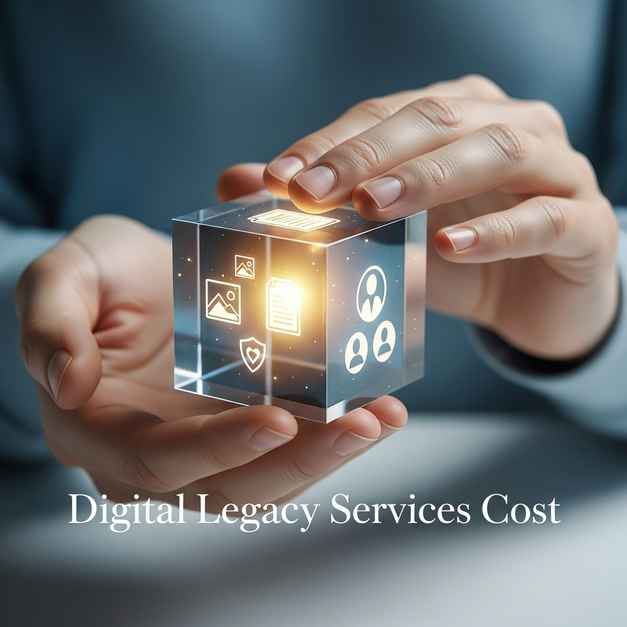 Caring hands holding a glowing cube of digital assets, illustrating the cost of digital legacy services.